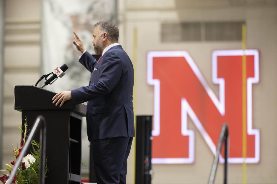 New Nebraska NCAA college football coach Matt Rhule waves at the conclusion of an introductory press conference, Monday, Nov. 28, 2022, in Lincoln, Neb. (AP Photo/Rebecca S. Gratz)