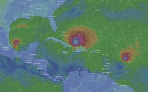 Hurricane Irma makes its way across the Caribbean. Jose can be seen right and Katia left - Credit: Windy.com