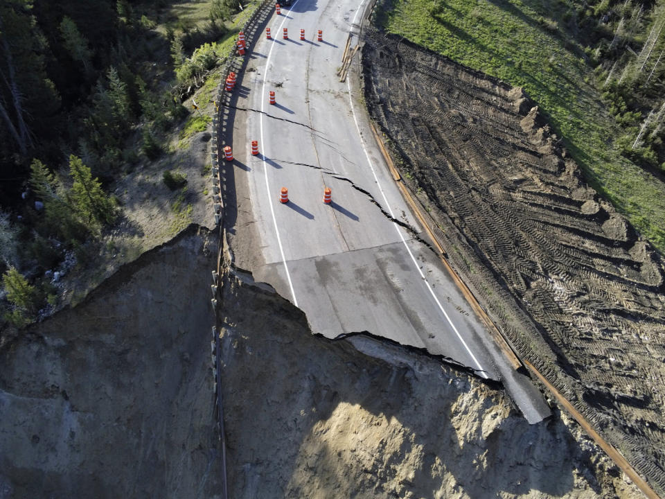 A damaged section of Teton Pass near Jackson, Wyo. (Wyoming Highway Patrol via AP)