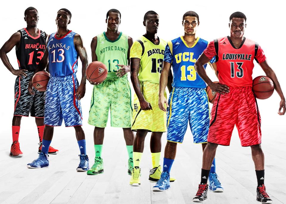 This photo illustration released by Adidas shows the uniforms for NCAA basketball teams, from left, University of Cincinnati, University of Kansas, University of Notre Dame, Baylor University, UCLA and the University of Louisville. (AP Photo/Adidas)