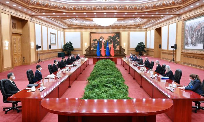 Chinese President Xi Jinping holds talks with Charles Michel, the visiting president of the European Council, at the Great Hall of the People in Beijing.