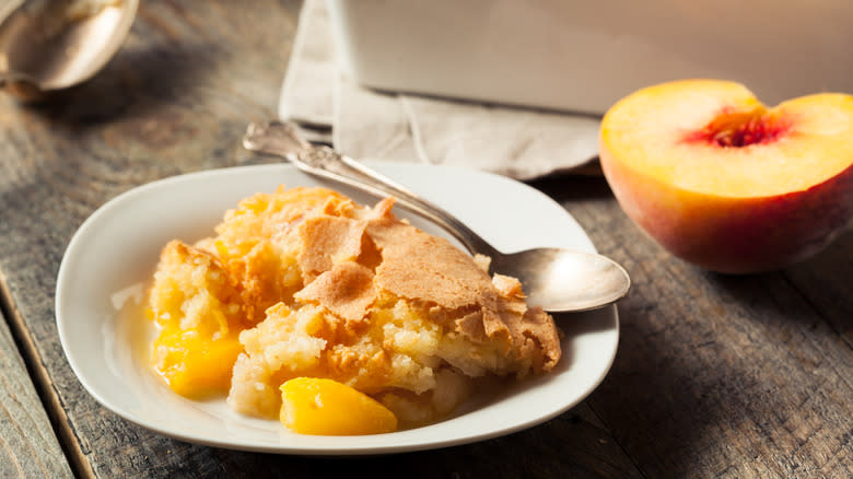 Peach cobbler on plate, peach