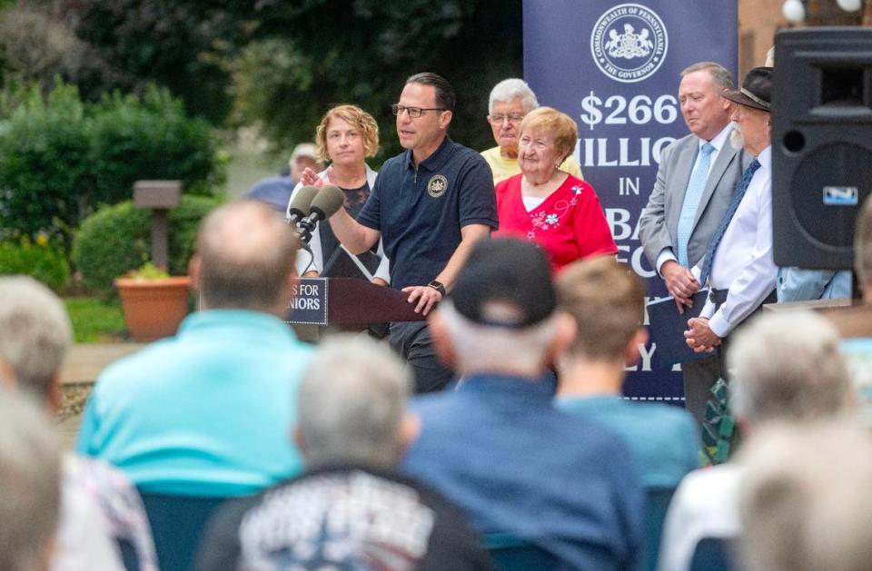 A crowd from the Philipsburg Senior Resource Center listens to Pennsylvania Governor Josh Shapiro as he talks about the expanded Property Tax/Rent Rebate program for seniors on Thursday, June 27, 2024.