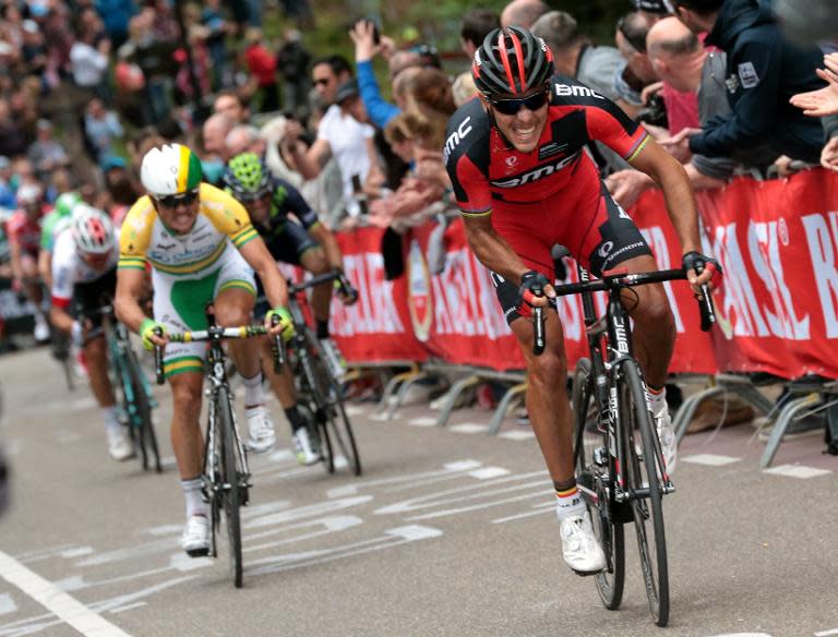 Australia's Simon Gerrans (L) of Orica GreenEDGE and Belgian Philippe Gilbert (front) of BMC Racing Team, seen in action during the 49th edition of the 'Amstel Gold Race', in the Netherlands, 251,4 km from Maastricht to Valkenburg, on April 20, 2014