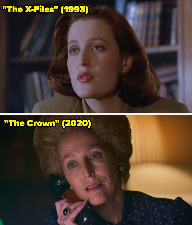 Then: She played FBI special agent Dana Scully on The X-Files.Now: She won the Emmy for Outstanding Supporting Actress in a Drama Series for her portrayal of Margaret Thatcher on The Crown.