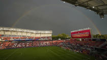 A rainbow is shown following a severe weather delay during the Portland Timbers and Real Salt Lake MLS soccer match Wednesday, May 17, 2023, in Sandy, Utah (AP Photo/Rick Bowmer)