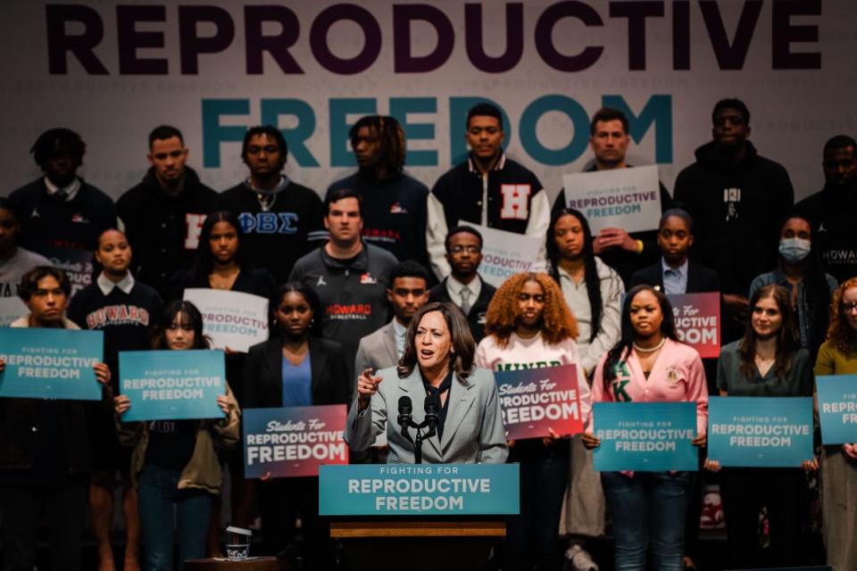Vice President Kamala Harris, front, speaks on April 25, 2023 at a rally for reproductive rights at Howard University in Washington, D.C.(Kent Nishimura / Los Angeles Times via Getty Images)