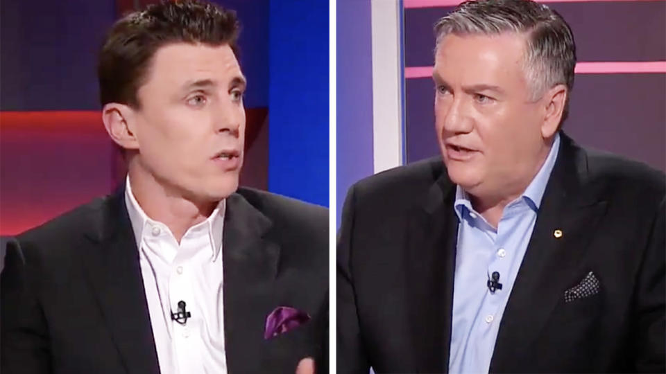 A 50-50 split image shows screenshots of Matthew Lloyd and Eddie McGuire during TV program Footy Classified.