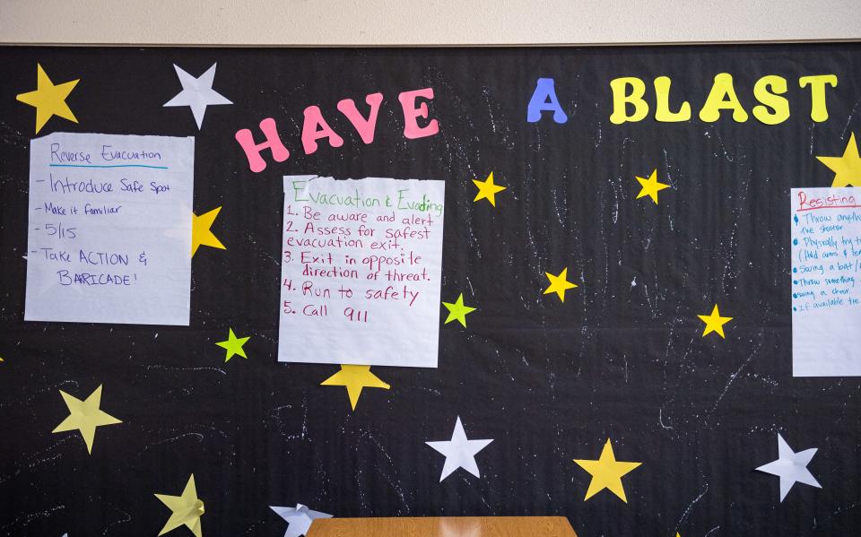 Evacuation plans written by teachers and faculty members of Alisal Union School District are placed on the cafeteria wall at Virginia Rocca Barton School during an active shooter training workshop hosted by Alisal Union School District in Salinas Calif., on Thursday, June 9, 2022. 