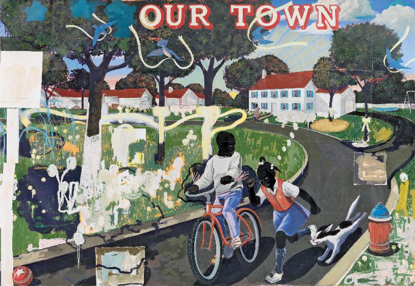 This undated handout image provided by the National Gallery of Art shows Kerry James Marshall 1995 acrylic and collage on canvas entitled: Our Town, which is part of an exhibit at the National Gallery of Art in Washington which is part of an exhibit at the National Portrait Gallery in Washington focusing on more than 150 years of African-American history from slavery to civil rights and contemporary suburban life. (AP Photo/National Gallery of Art)