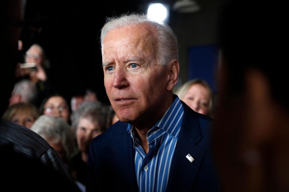Former Vice President and Democratic presidential candidate Joe Biden greets audience members during a rally, Wednesday, May 1, 2019, in Iowa City, Iowa.