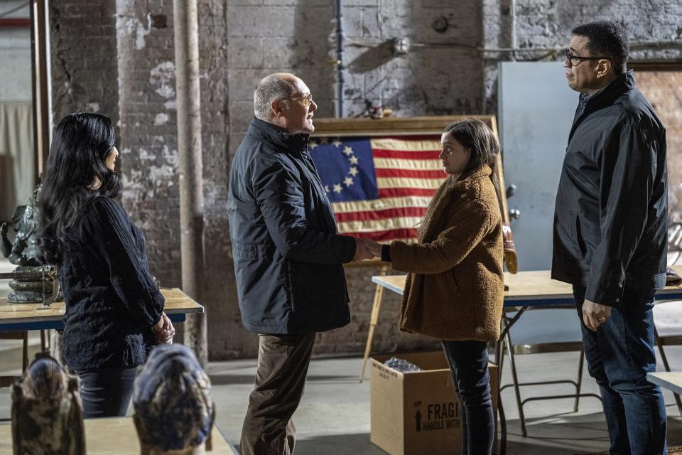 THE BLACKLIST -- "The Sicilian Error of Color" Episode 1013 -- Pictured: (l-r) Anya Banerjee as Siya Malik, James Spader as Raymond “Red” Reddington, Sami Bray as Agnes, Harry Lennix as Harold Cooper -- (Photo by: Scott Gries/NBC)