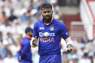 India's Hardik Pandya fields during the third one day international cricket match between England and India at Emirates Old Trafford cricket ground in Manchester, England, Sunday, July 17, 2022. (AP Photo/Rui Vieira)