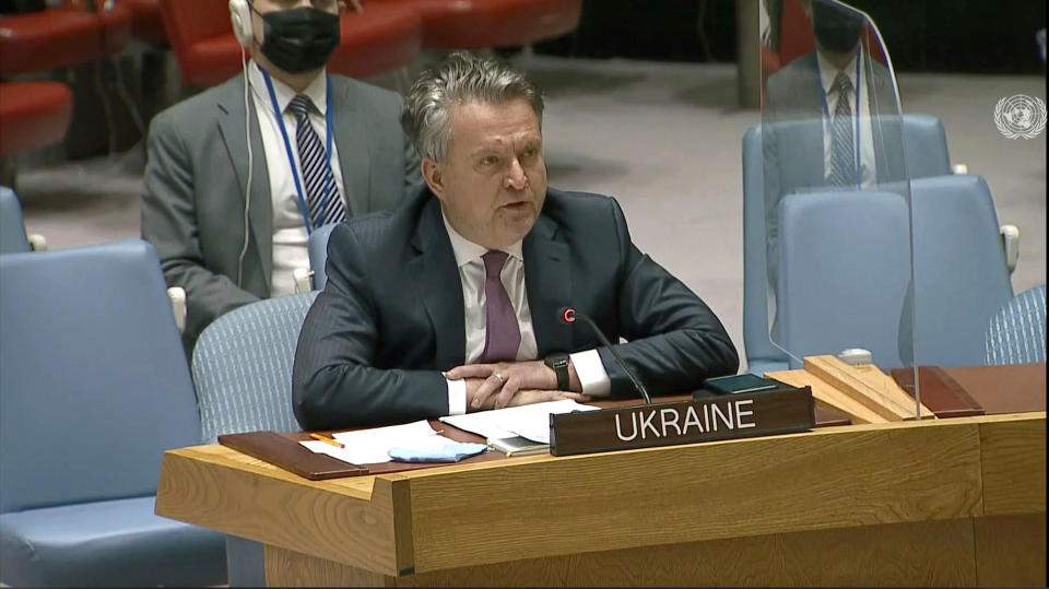 In this image made from UNTV video, Ukraine's Ambassador to the United Nations Sergiy Kyslytsya speaks during an emergency U.N. Security Council meeting at U.N. headquarters, Monday, Feb. 21, 2022. (UNTV via AP)