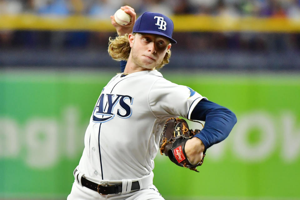 ST PETERSBURG, FLORIDA - SEPTEMBER 20: Shane Baz #11 of the Tampa Bay Rays delivers a pitch to the Toronto Blue Jays in the third inning at Tropicana Field on September 20, 2021 in St Petersburg, Florida. (Photo by Julio Aguilar/Getty Images)