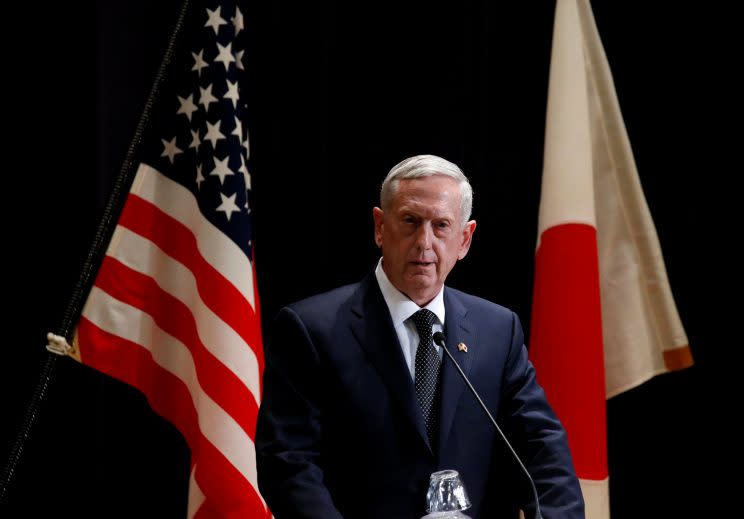 U.S. Defense Secretary James Mattis speaks at a joint news conference after meeting with the Japanese defense minister