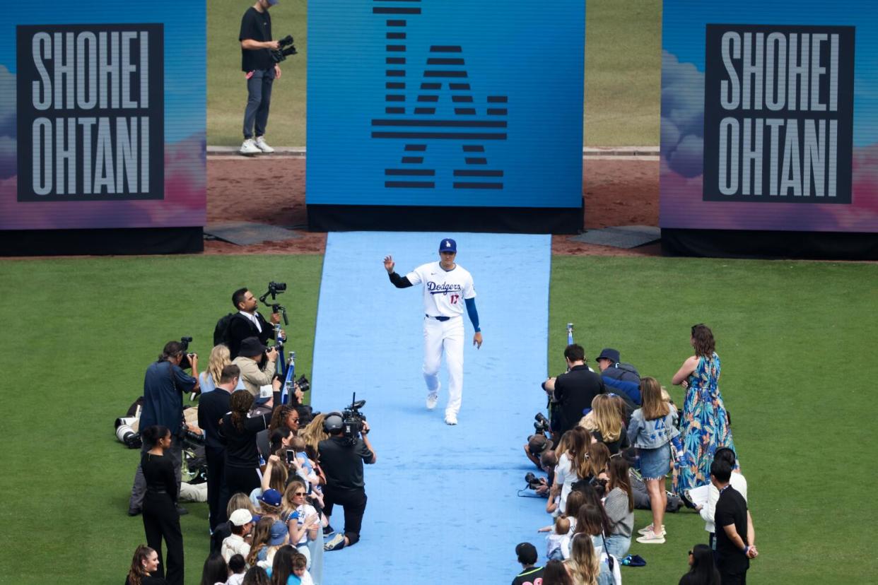 Shohei Ohtani is introduced before the Dodgers' home opener against the St. Louis Cardinals on Thursday.