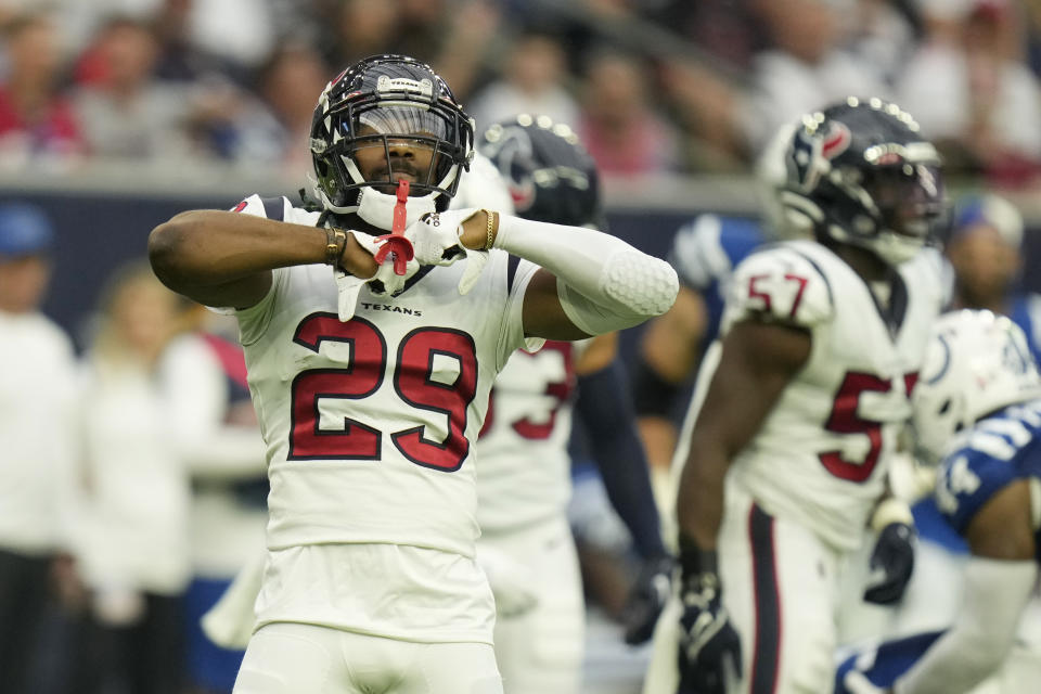 Houston Texans safety M.J. Stewart (29) reacts after a tackle during the second half of an NFL football game Sunday, Sept. 11, 2022, in Houston. (AP Photo/Eric Christian Smith)