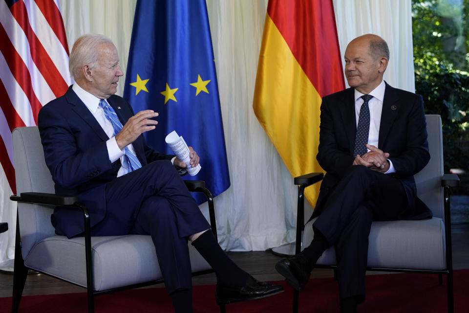 President Joe Biden and German Chancellor Olaf Scholz speak during a bilateral meeting at the G7 Summit in Elmau, Germany, Sunday, June 26, 2022. Biden is in Germany to attend the Group of Seven summit of leaders of the world's major industrialized nations. (AP Photo/Susan Walsh)