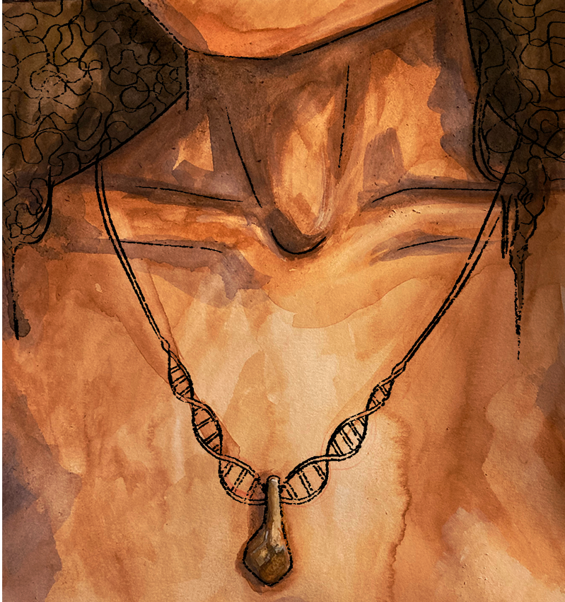 An artistic interpretation of the pendant, found at the Denisova Cave in southern Siberia, which belonged to a stone age woman.