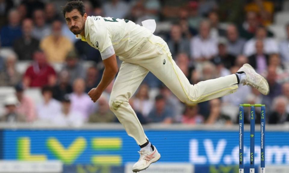 Mitchell Starc bowls on the opening day of the fifth Ashes Test between England and Australia.