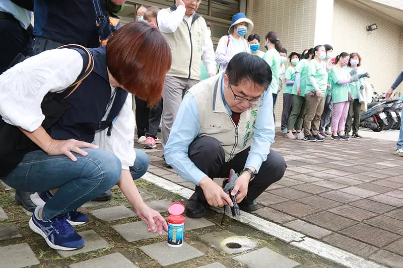 ▲臺南市長黃偉哲視察排水孔內外環境巡檢和孳生源是否根除（圖／臺南市政府提供）