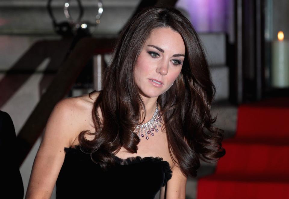 <p>The Duchess of Cambridge wore a ruby and diamond necklace by jeweler Mouwad at an engagement in 2011.</p>