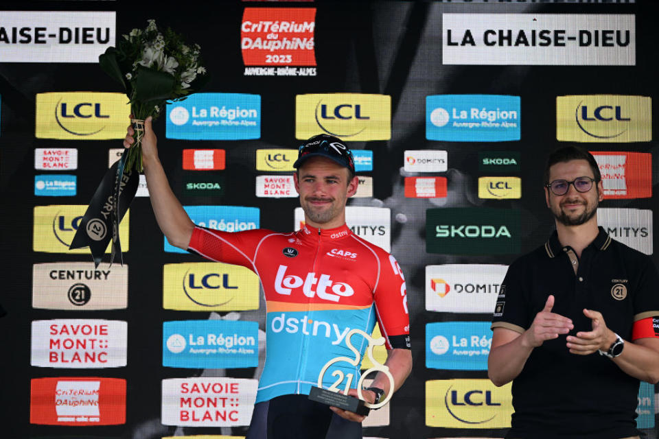 LA CHAISEDIEU FRANCE  JUNE 05 Victor Campenaerts of Belgium and Team Lotto Dstny celebrates at podium as most combative prize winner during the 75th Criterium du Dauphine 2023 Stage 2 a 1673km stage from BrassaclesMines to La ChaiseDieu 1080m  UCIWT  on June 05 2023 in La ChaiseDieu France Photo by Dario BelingheriGetty Images