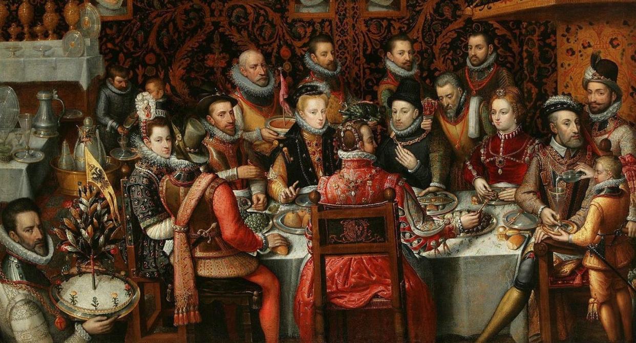 <span class="caption">El banquete real (Alonso Sánchez Coello, 1579) en el que aparece Felipe II rodeado de familiares y cortesanos.</span> <span class="attribution"><a class="link " href="https://commons.wikimedia.org/wiki/File:S%C3%A1nchez_Coello_Royal_feast.jpg#mw-jump-to-license" rel="nofollow noopener" target="_blank" data-ylk="slk:Wikimedia Commons / Muzeum Narodowe w Warszawie;elm:context_link;itc:0;sec:content-canvas">Wikimedia Commons / Muzeum Narodowe w Warszawie</a></span>