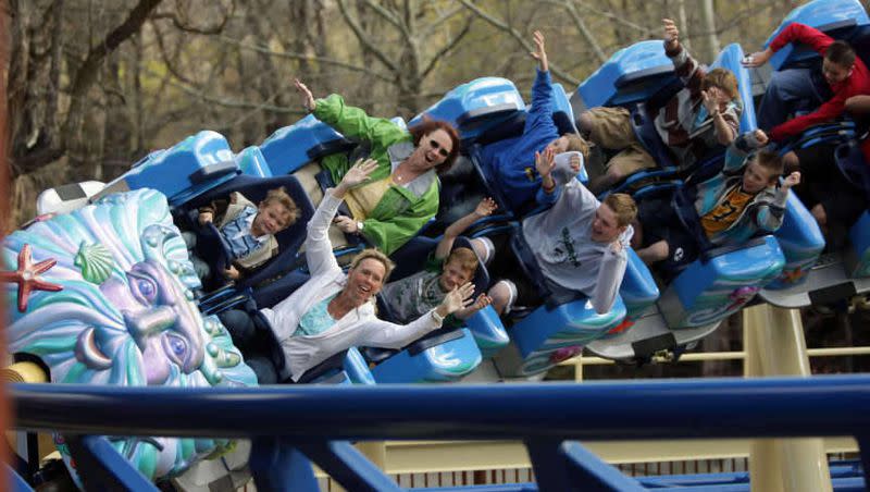 Roller coaster enthusiasts enjoy Lagoon’s new surf-themed coaster BomBora at the theme park in Farmington on April 27, 2011.