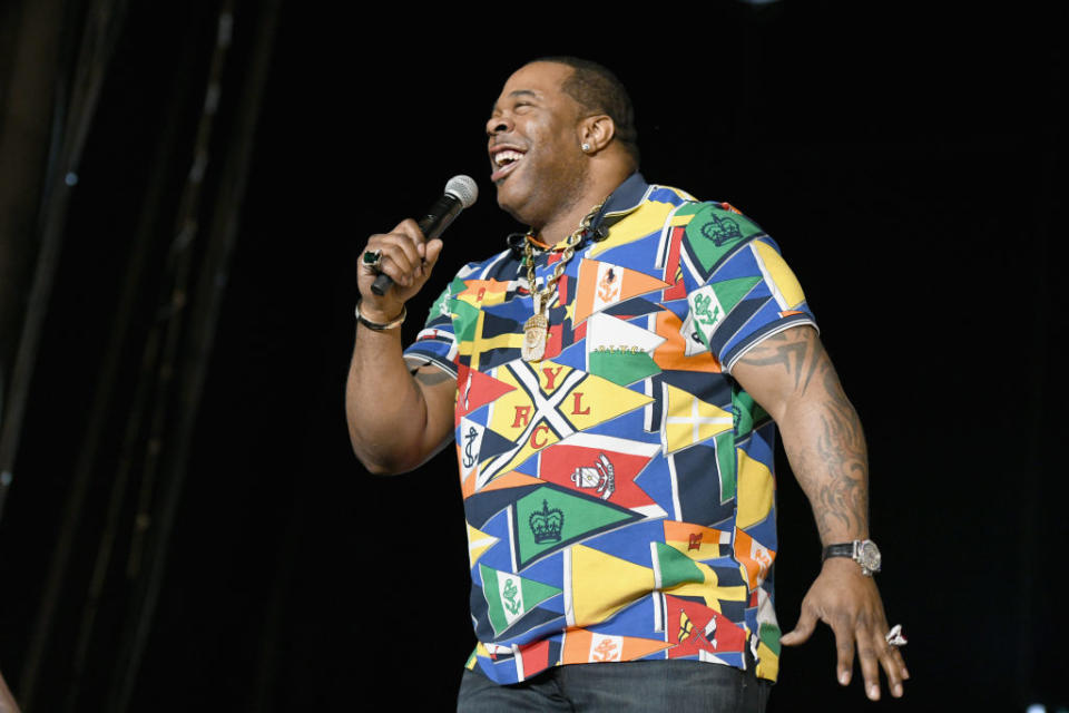 Busta Rhymes wears a colourful shirt while performing onstage at SOMETHING IN THE WATER - Day 2 on April 27, 2019 in Virginia Beach City, Virginia.