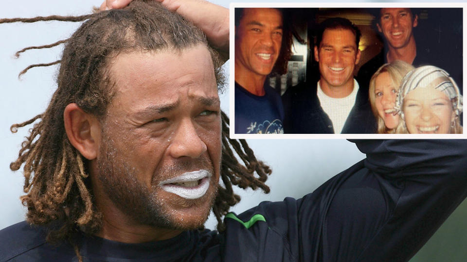 Pictured inset is a photo of Shane Warne, his ex-wife Simone Callahan and Andrew Symonds with friends.