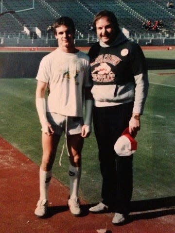 Eddie McClintock is shown with his father, Ted McClintock, when the son played football for Hoover High School in the 1980s. The younger McClintock is a longtime actor who is screening his new movie, "Miracle at Manchester" on Saturday and Sunday at the Canton Palace Theatre.