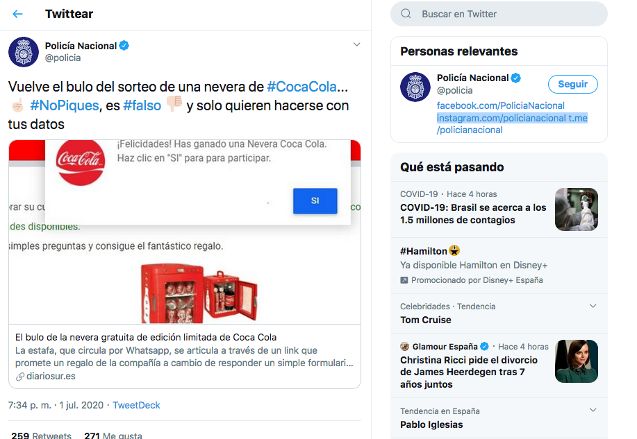 La Policía Nacional también ha advertido del regreso del 'pishing' de la nevera que regala Coca-Cola. (Foto: Policía Nacional en Twitter)