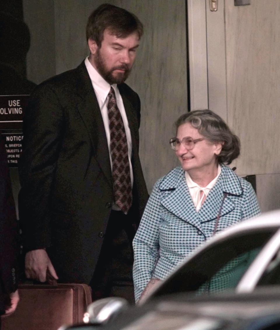 Wanda Kaczynski, right, smiles as she leaves a Sacramento, Calif., federal building with one of her sons, David Kaczynski, on Jan. 22, 1998, after another son, Theodore Kaczynski, pleaded guilty to being the anti-technology terrorist known as the Unabomber.