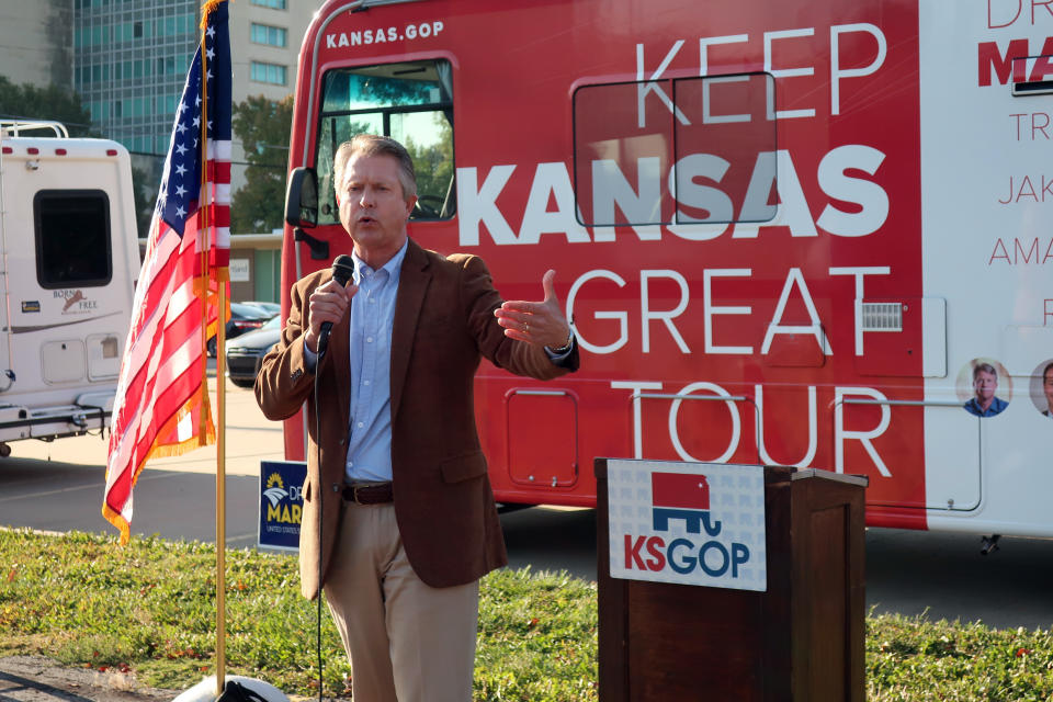 U.S. Rep. Roger Marshall, the Republican nominee for an open U.S. Senate seat in Kansas, speaks during a stop in a GOP bus tour of the state on Oct. 6 in Topeka. (Photo: ASSOCIATED PRESS)