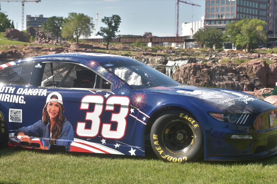 The Freedom Works Here #78 Chevy Camaro pictured in Falls Park in Sioux Falls on Thursday July 27, 2023. The car will run two NASCAR Cup Series races in July and September.