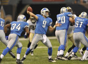 FILE - In this Sept. 13, 2009, file photo, Detroit Lions quarterback Matthew Stafford (9) prepares to pass during the first half of an NFL football game against the New Orleans Saints at the Louisiana Superdome in New Orleans. Safford beat out veteran Daunte Culpepper for the starting job in training camp and was under center for the season opener at New Orleans. Stafford went 16 of 37 for 205 yards and was intercepted three times, including twice by Darren Sharper, in the blowout loss. (AP Photo/Bill Feig, File)