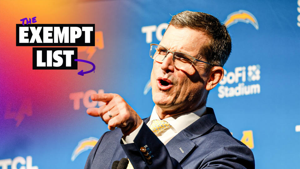 INGLEWOOD, CA – FEBRUARY 1: New Los Angeles Chargers head coach Jim Harbaugh speaks during his inaugural press conference at the YouTube Theater in Inglewood on Thursday, February 1, 2024. (Allen J. Schaben / Los Angeles Times via Getty Images)