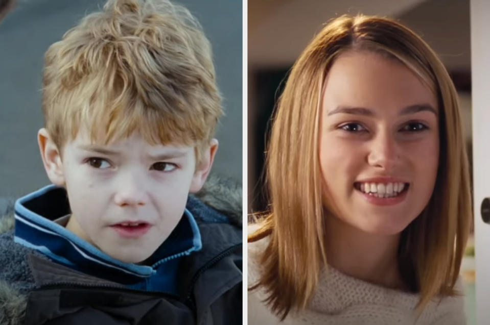 Collage of two children from "Love Actually" - young boy in jacket and young girl smiling