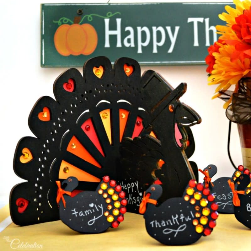 <p>Little Miss Celebration</p><p>These gem and chalkboard turkeys are so decorative. You can find this project at <a href="http://www.littlemisscelebration.com/2015/10/28/gem-and-chalkboard-turkeys/" rel="nofollow noopener" target="_blank" data-ylk="slk:Little Miss Celebration;elm:context_link;itc:0;sec:content-canvas" class="link ">Little Miss Celebration</a>.</p>