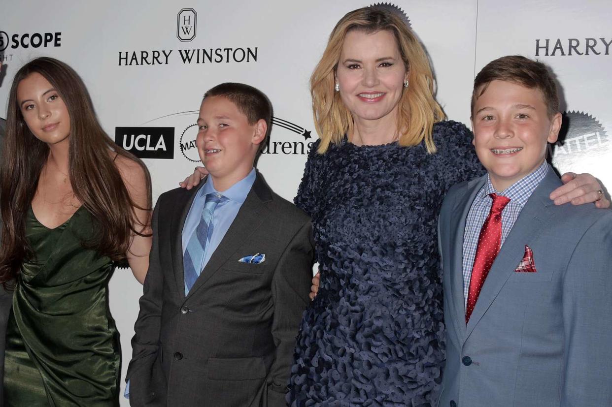 <p>Jeffrey Mayer/WireImage</p> Geena Davis and her three kids in 2017