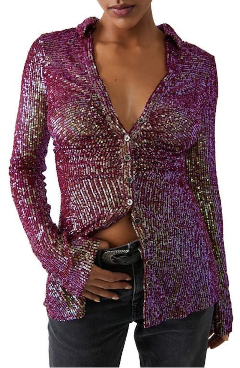 23) Sequin Ruched Shirt