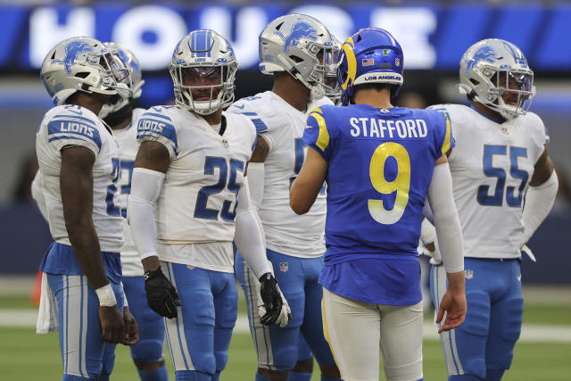 Los Angeles, United States. 24th Oct, 2021. Detroit Lions quarterback Jared  Goff (16) is tackled by Los Angeles Rams inside linebacker Kenny Young (41)  during an NFL game, Sunday, Oct. 24, 2021