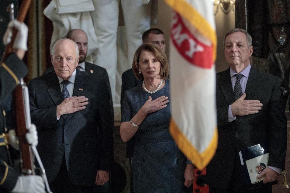 From left, former Vice President Dick Cheney, House Minority Leader Nancy Pelosi of Calif., and Senate Minority Whip Durbin of Ill., stand during a memorial service in Statuary Hall on Capitol Hill in Washington, Thursday, March 9, 2017, honoring former Illinois Rep. Bob Michel. Michel, who represented Illinois' 18th Congressional District and served as House minority leader from 1981 to 1995, died on February 17, 2017 (AP Photo/J. Scott Applewhite)