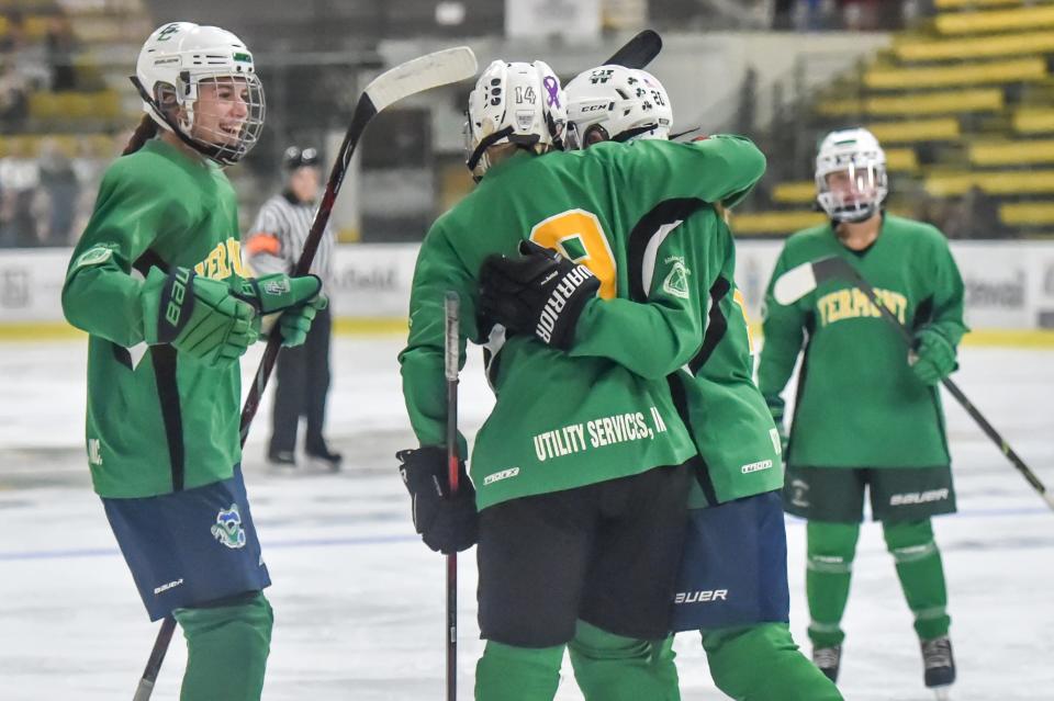 Vermont celebrates a Tess Everett goal during the Make-A-Wish All-Star Hockey Classic between Vermont and New Hampshire on Saturday afternoon at UVM's Gutterson Fieldhouse.