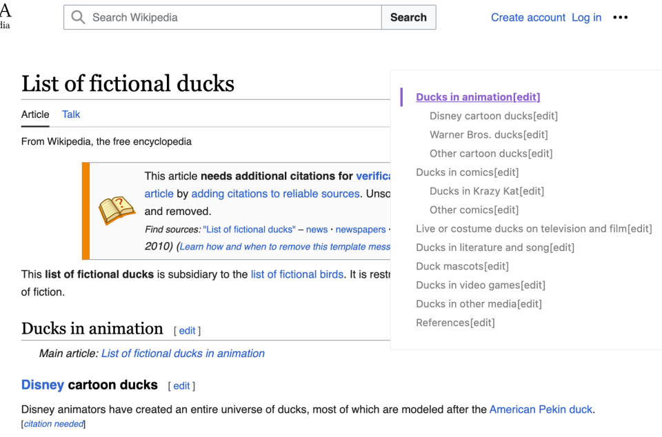 The Wikipedia page for the list of fictional ducks, showing a table of contents created by the Simple Outliner browser extension.