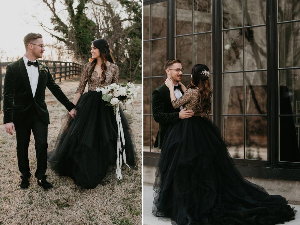 A side by side of a bride wearing a black dress and a groom holding hands and the couple hugging each other.