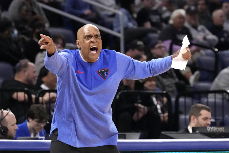 DePaul coach Tony Stubblefield directs the team during the second half of an NCAA college basketball game against Xavier on Wednesday, Jan. 18, 2023, in Chicago. DePaul won 73-72. (AP Photo/Charles Rex Arbogast)