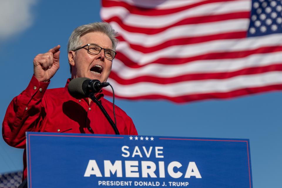 Lieutenant Governor of Texas Dan Patrick speaks at a 'Save America' rally on October 22, 2022 in Robstown, Texas.